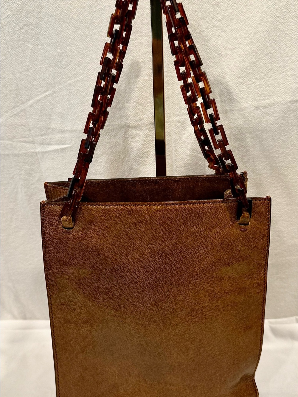 Y2K Prada Brown Leather Tote Or ShyBag with Tortoiseshell Chain Straps - Picture 3 of 11